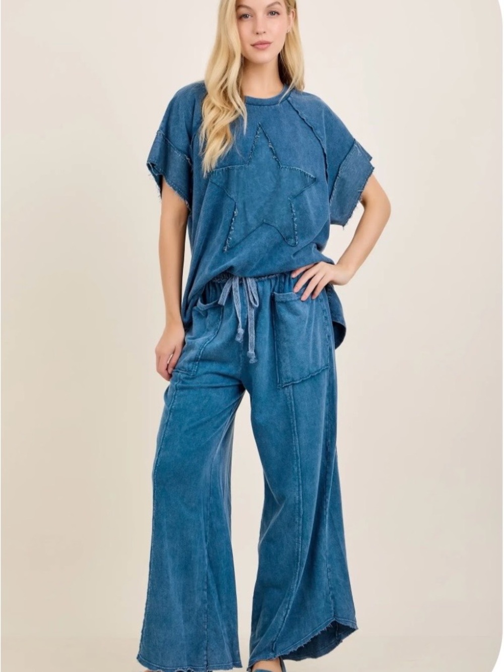 J.Her Washed Blue Wide-Leg Star-Accent Jumpsuit